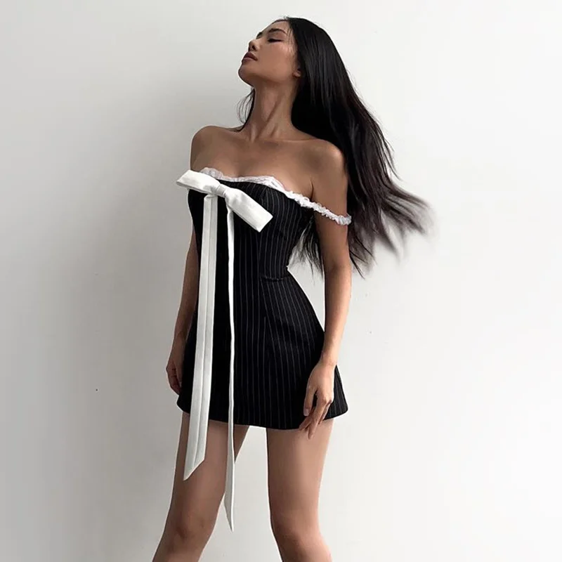 Uveng Uveng Summer New Women's French Pure Desire Sexy One-Word Shoulder Lace Stitching Strapless Dress