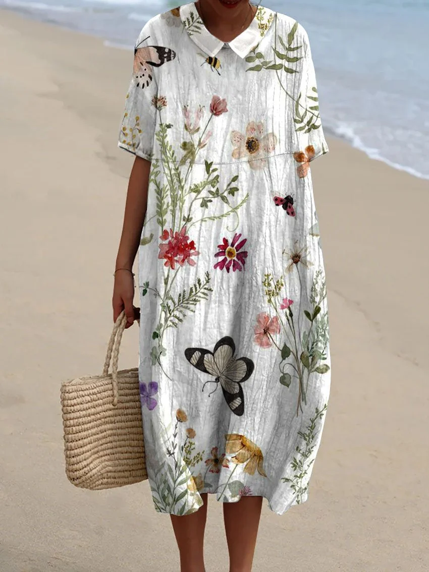 Women's Vintage Floral Art Print Pocket Linen Dress（Convertible Dress With Front And Back Option）