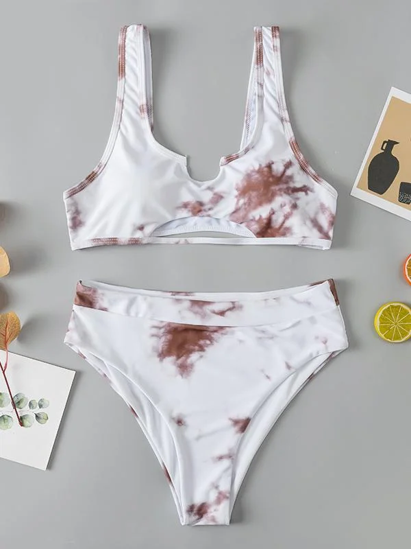 Tie-Dyed Hollow U-Neck Split Bikini Swimsuit