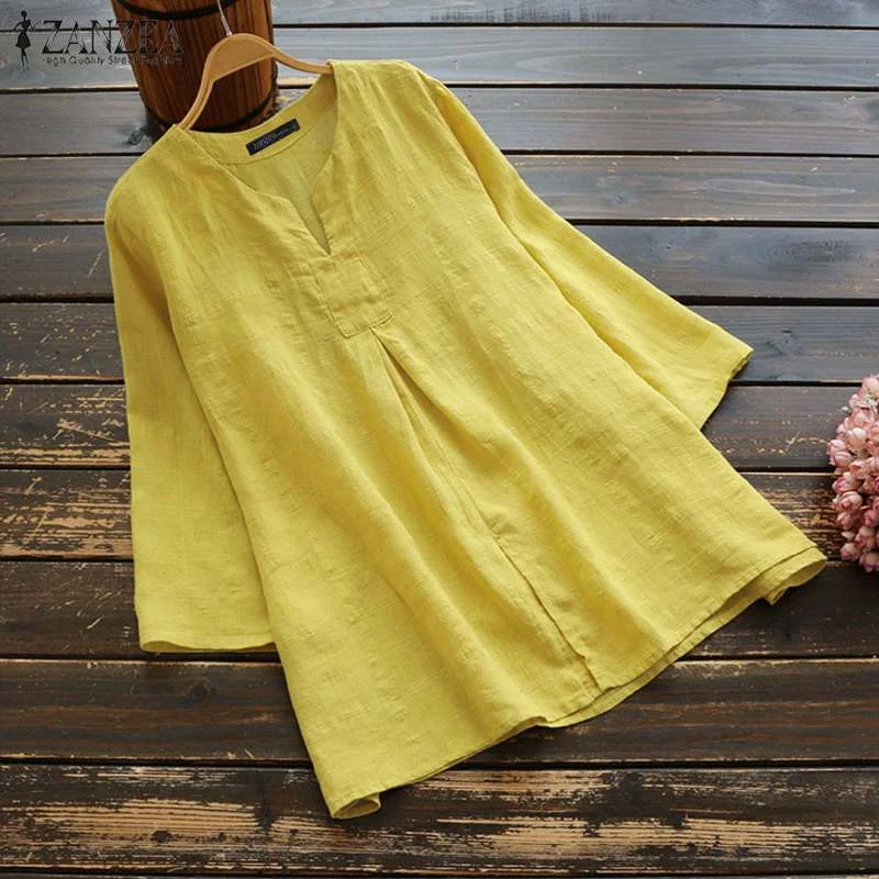 Summer Cotton Blouse 2022 ZANZEA Women 3/4 Sleeve Shirt Casual Solid Blusas Elegant Chemise Female Vintage V Neck Tops