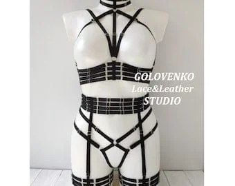 Pornhint Full body erotic crotchless lingerie set, elastic harness, wedding night gift, sexy pole dance wear, open bondage lingerie, mens bdsm straps