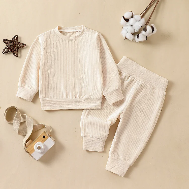 Baby Solid Color Ribbed Casual Sweatsuit 2 Pieces Set