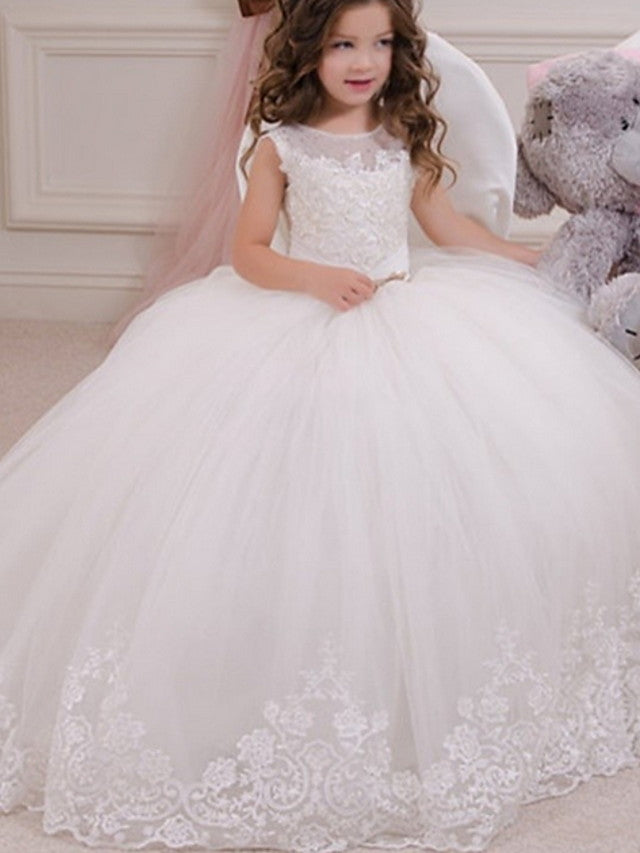 Oknass Ball Gown Sleeveless Jewel Neck Flower Girl Dresses Polyester With Appliques