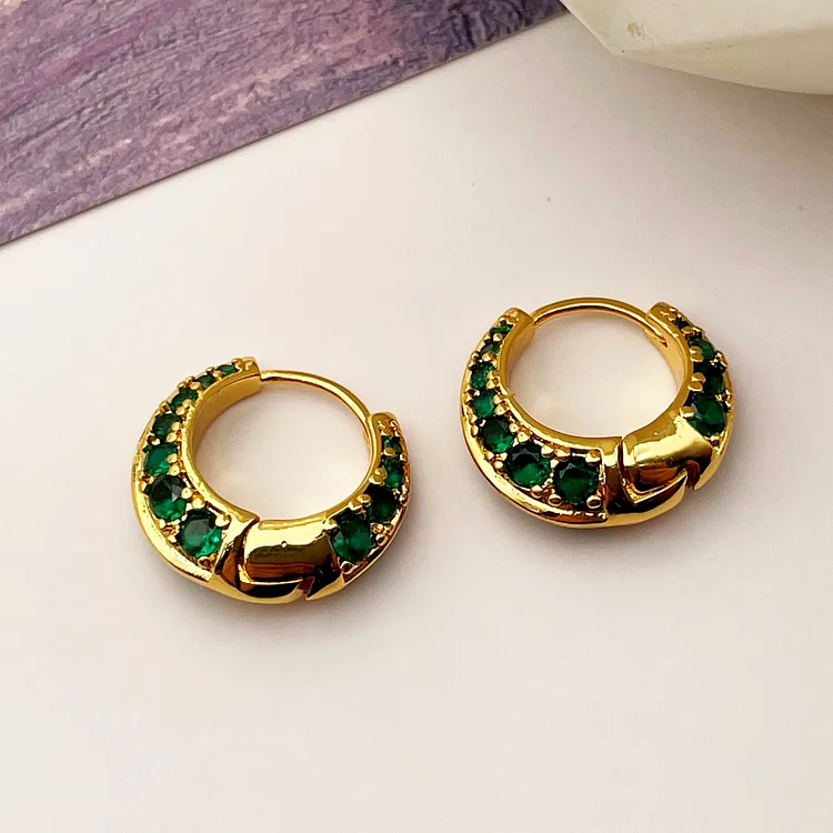 Double sided inlaid emerald zircon circular earrings