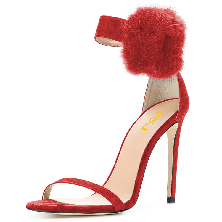 FSJ Red Fur Heels Ankle Strap Open Toe Vegan Suede Stiletto Heel Sandals |FSJ Shoes