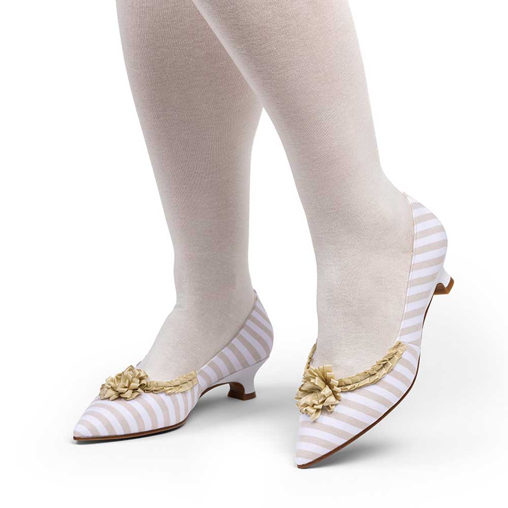 Beige & White Floral Pleated Trim Pumps for Women with Pointed Toe Nicepairs