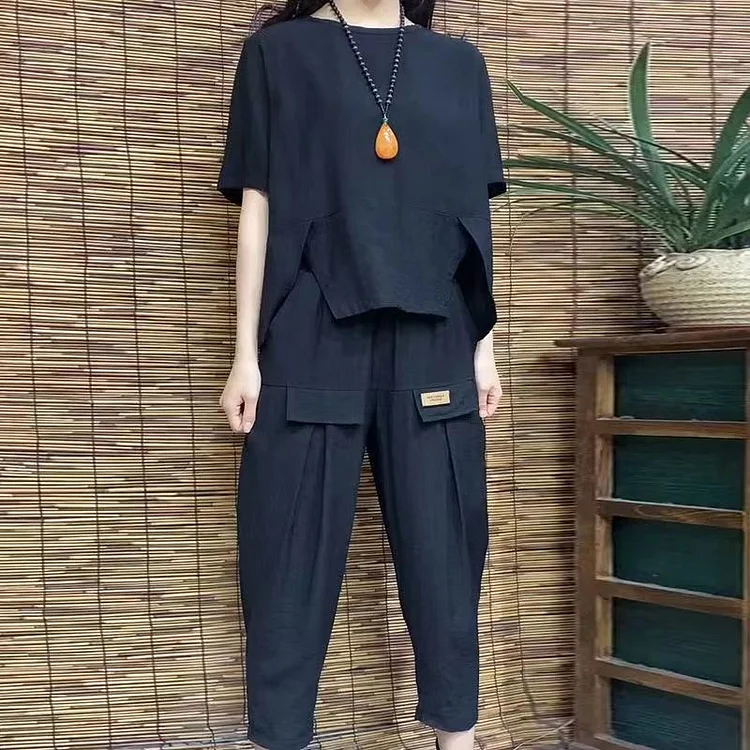 Solid Linen Blend Short Sleeve Two-Piece Set