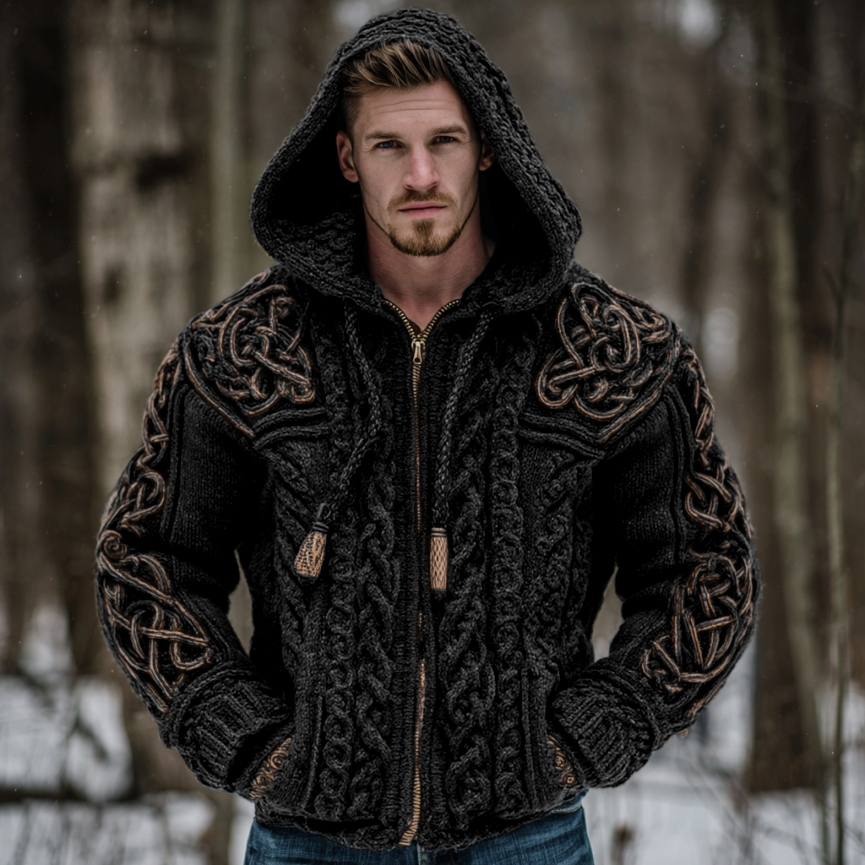 Men's Vintage Viking Celtic Knot Art Chunky Knit Hooded Zip-up Sweater elevenforest