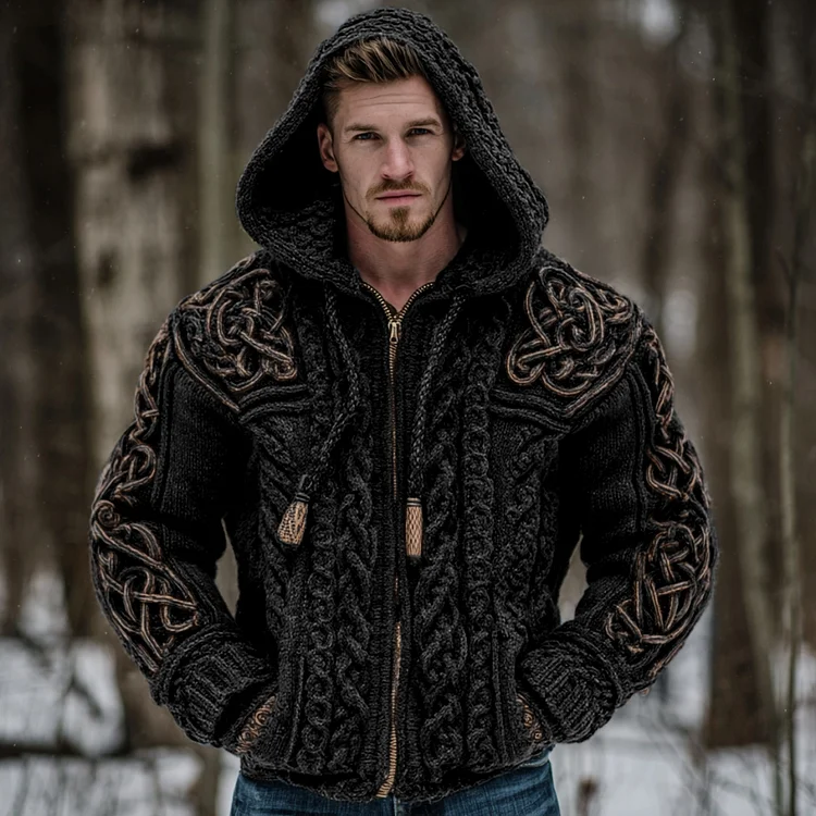 Men's Vintage Viking Celtic Knot Art Chunky Knit Hooded Zip-up Sweater