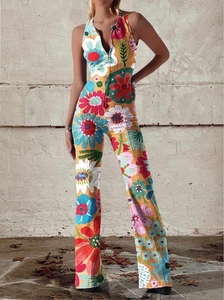 Colorful Floral Print Casual Vintage Jumpsuit