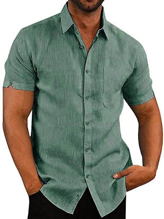Men's Shirt Other Prints Solid Colored Short Sleeve Cotton Tops Solid Color Basic Casual / Daily Button Down Collar White Black Khaki - VSMEE