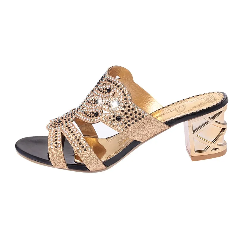 Lucyever 2020 Summer Women's Rhinestones Slippers Slides Fashion Thick High Heels Gladiator Sandals Beach Flip Flops Shoes Woman
