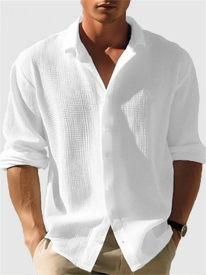 Men's Solid-color Small Waffle Long-sleeved Fall Fashion Casual Shirt