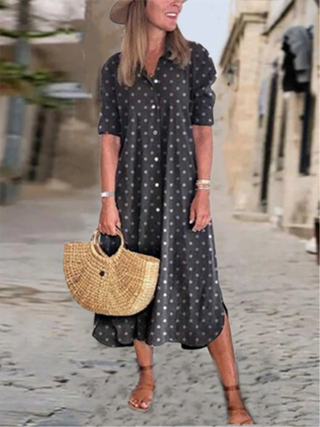 zolucky Casual Polka Dots Turn-Down Collar Buttoned Long Sleeve Dress | IFYHOME