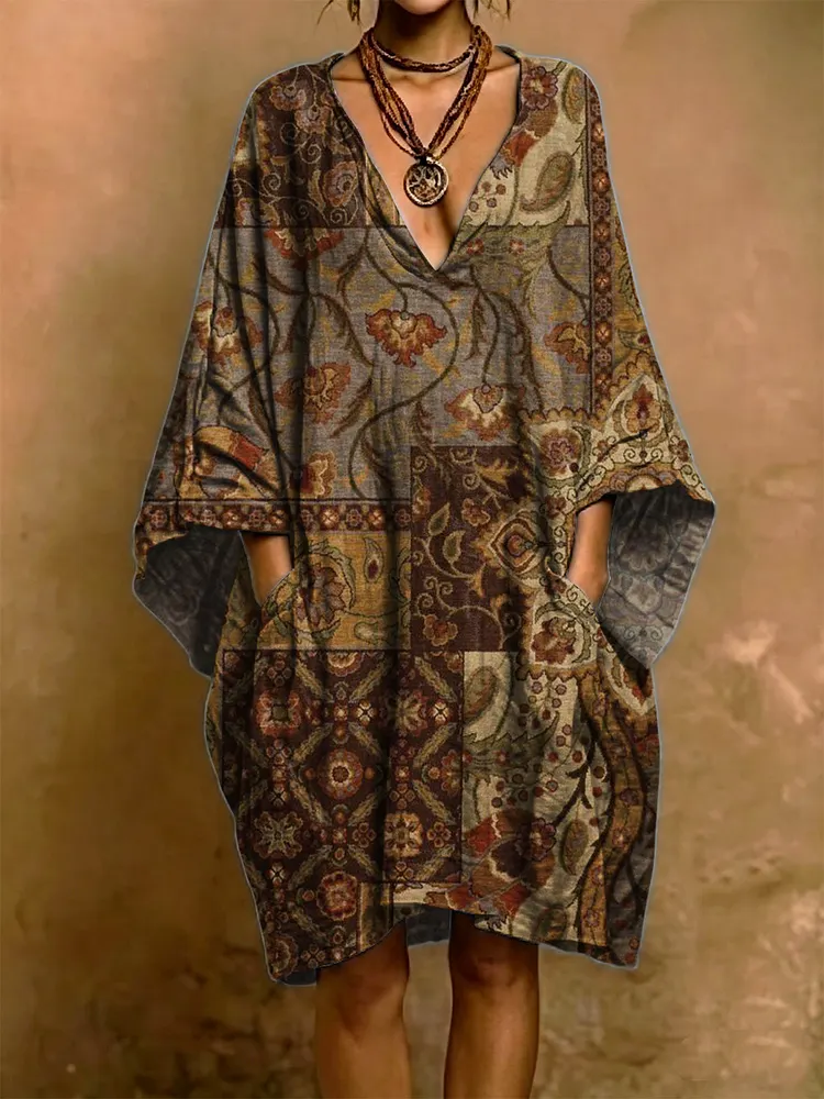 Retro Pattern Splicing And Decorative Motifs Short Sleeve Cotton Linen Dress