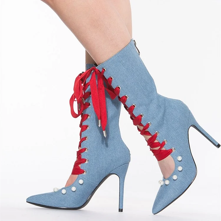 Women's Denim Boots Pointy Toe Stiletto Heel Lace Up Boots with Pearl |FSJ Shoes