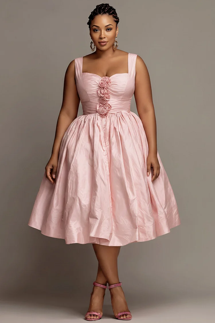 Xpluswear Design Plus Size Cocktail Party Elegant Pink Square Neck 3D Pocket Midi Dresses [Pre-Order] 2024 - Xpluswear