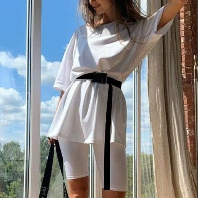 Casual solid new women's two piece suit including belt solid color home loose sports fashion leisure suit summer couples wear