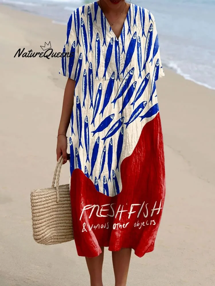 Women's Vintage Fish Sardines Art Print Flowy Dress