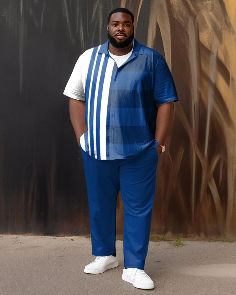 Men's Plus Size Blue Line Color Matching Gradient Short Sleeve Walking Suit 054