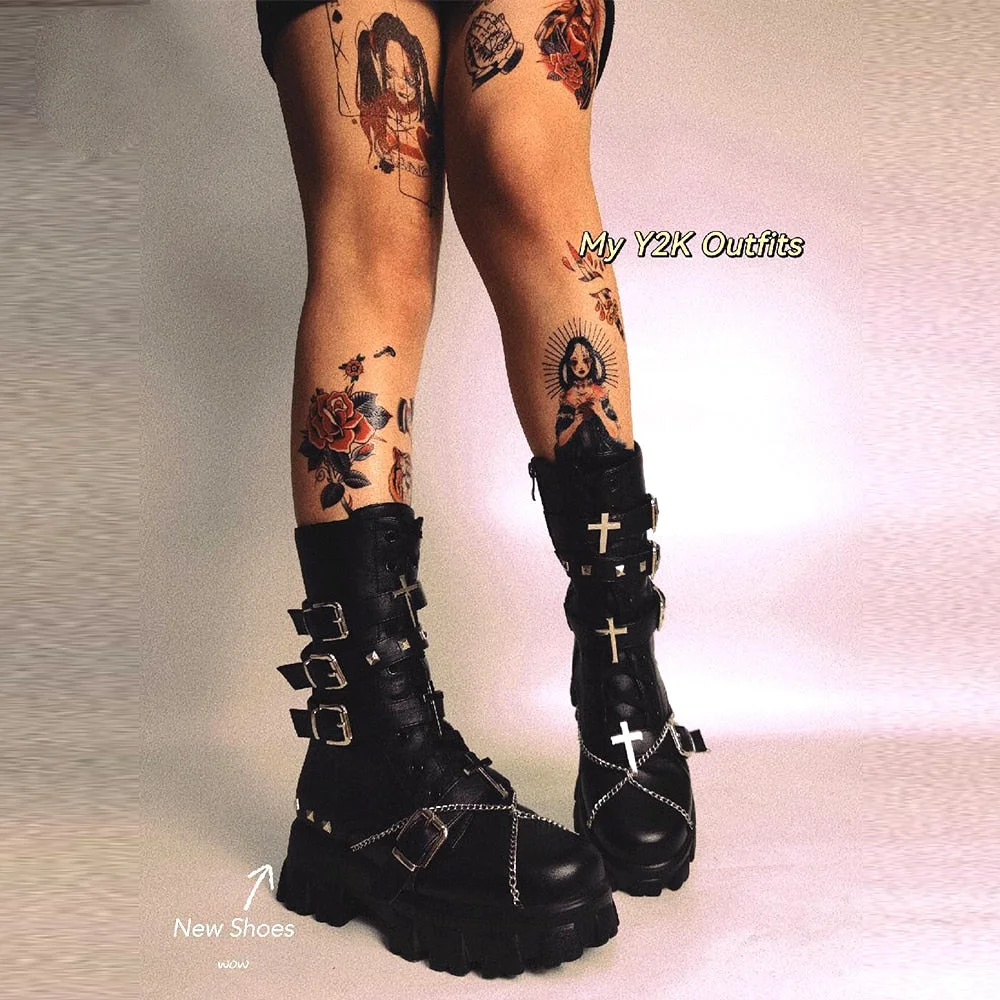 Vstacam Halloween Fashionable Trendy Black White Gothic Platform Buckles Chains Punk Rivets Combat Motorcycle Boots Shoes For Women 2022