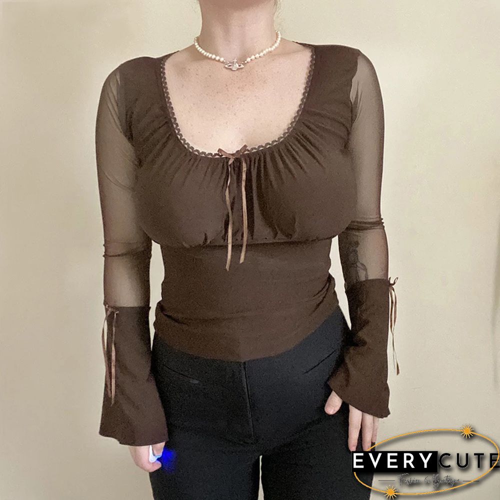 Women Flare Full Sleeve Tshirt Slim Elegant Slim Mesh Patchwork Transparent High Street Vintage T Shirt Femme Tops