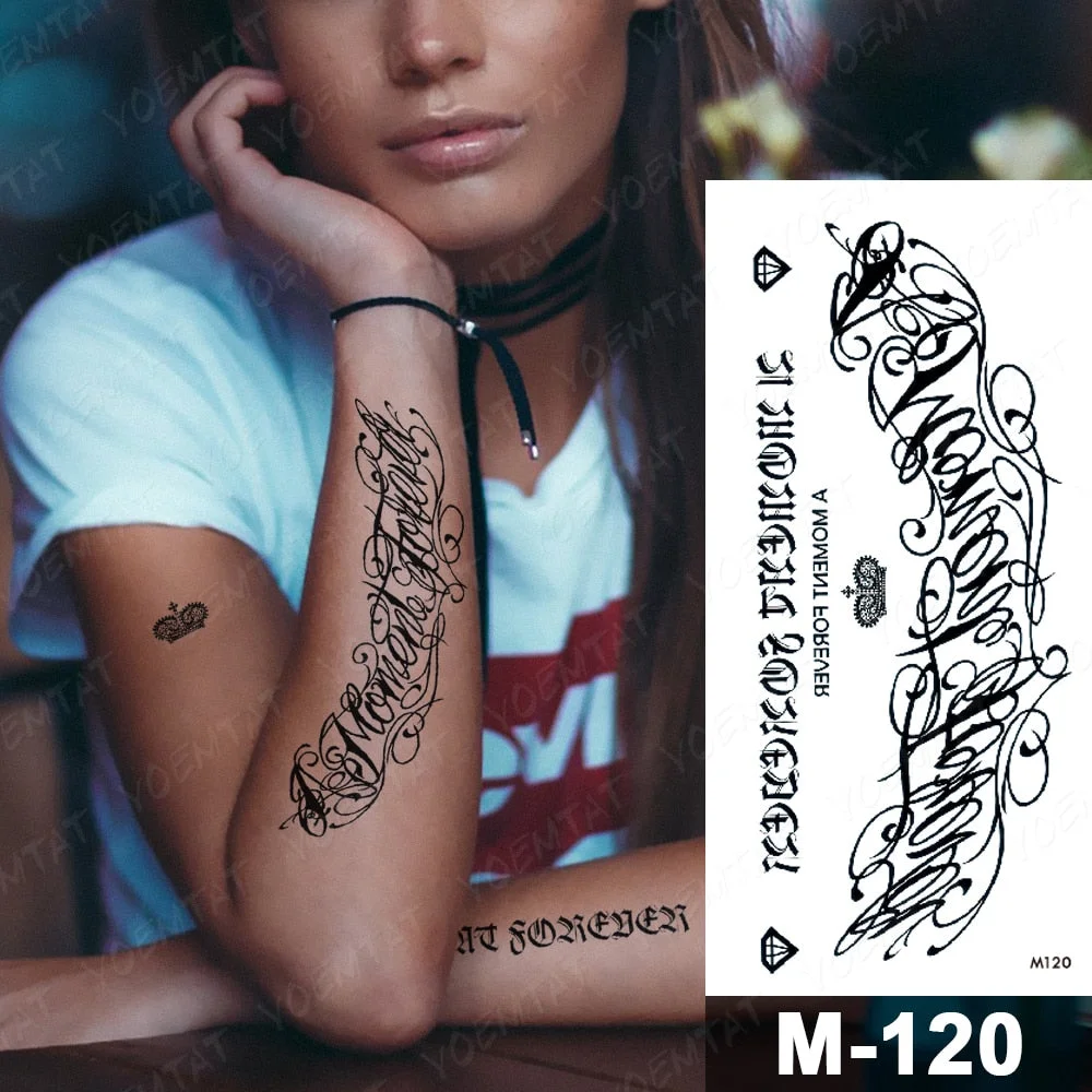 Handwriting Font Waterproof Temporary Tattoo Sticker Text Word Chicano Lettering Body Art Arm Wrist Fake Tatoo For Women Men