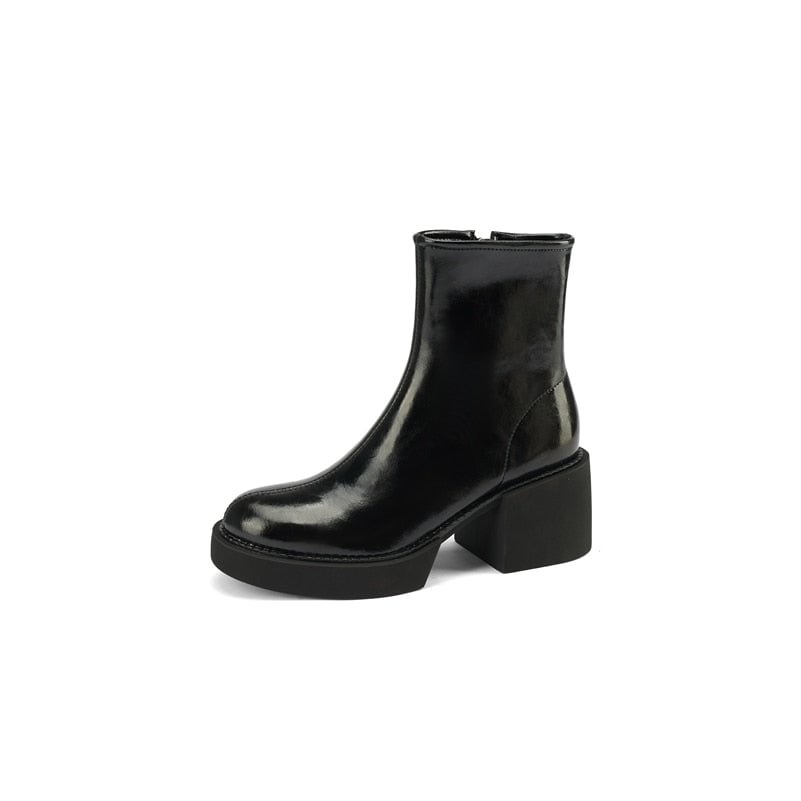 Meotina Women Genuine Leather Ankle Boots Autumn Platform Thick Heel Round Toe Shoes Med Heel Zipper Ladies Boots Winter Apricot