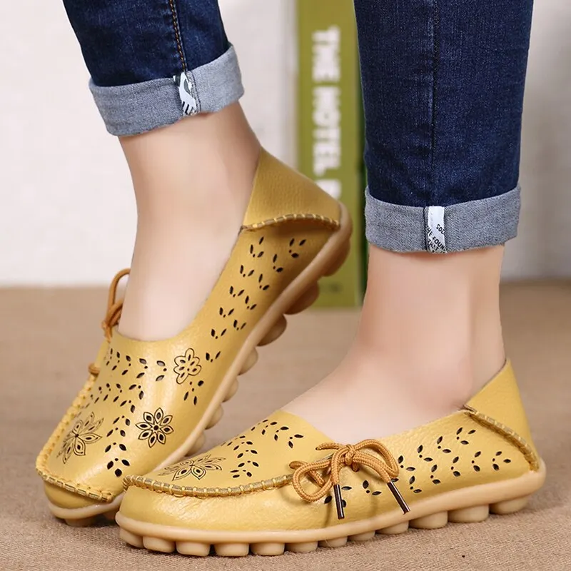 Female Ballet Flats Shoes Women Cut Out GenuineLeather Breathbale Moccains Women Shallow Shoes Solid Ballerina Ladies Shoes