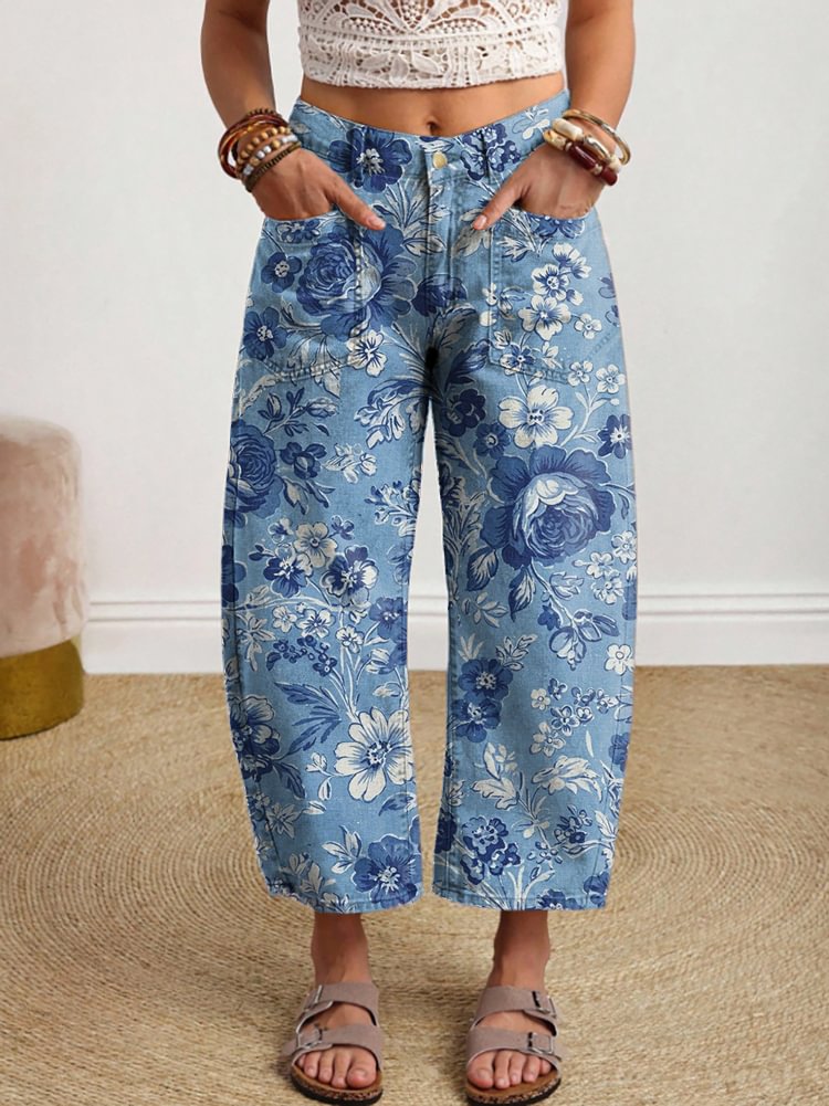 Women's Retro Floral Art Print Casual Washed Cotton Jeans