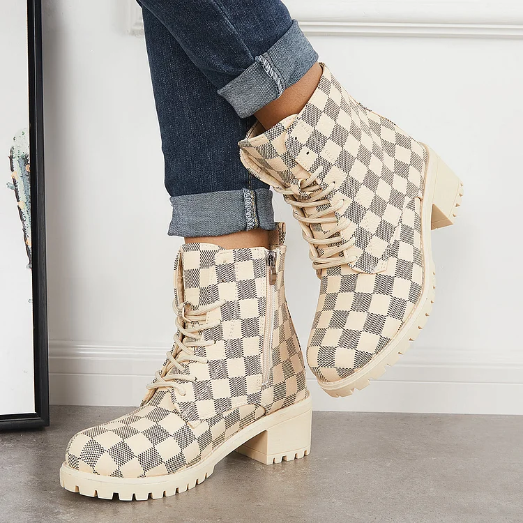 Plaid Chunky Block Heel Booties Side Zipper Ankle Boots