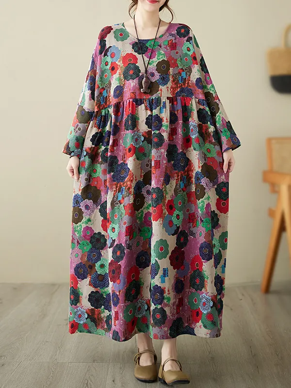 Seven-Quarter Sleeves Pleated Tasseled Round-Neck Midi Dresses