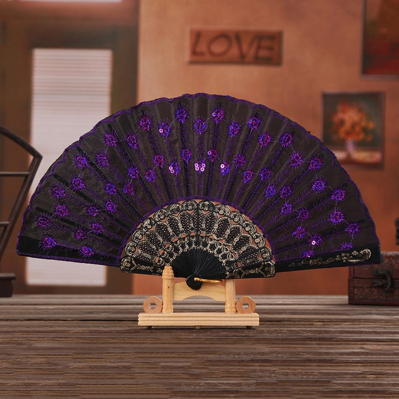 Black Rod Sequin Fan Embroidery Fan Dancing Folding Fan Peacock Fan Gift Folding Fan Fan Wing Chun Fan