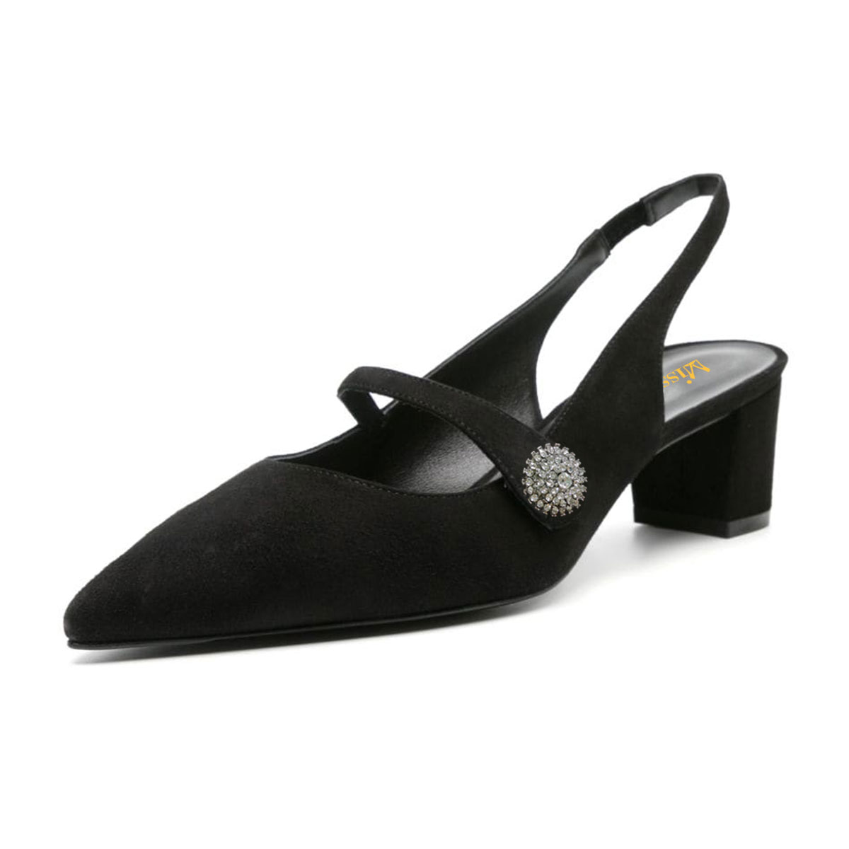 Black Rhinestone Buckle Strap Pointed Toe Block Heel Slingback Shoes Nicepairs