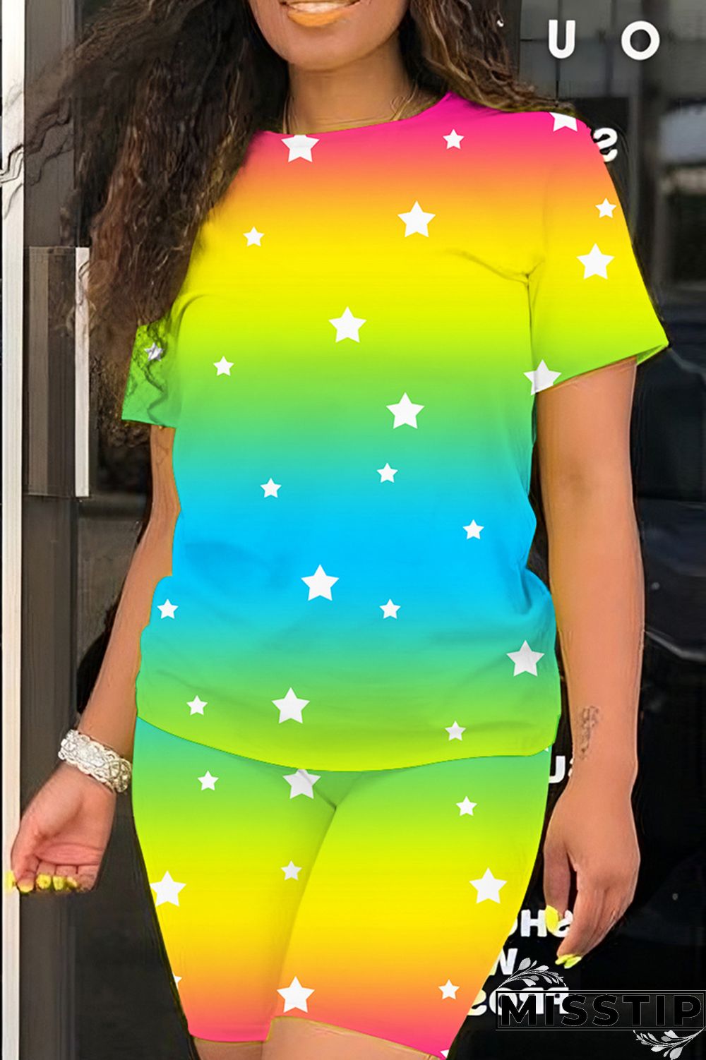 Multicolor Casual Print Basic O Neck Short Sleeve Two Pieces