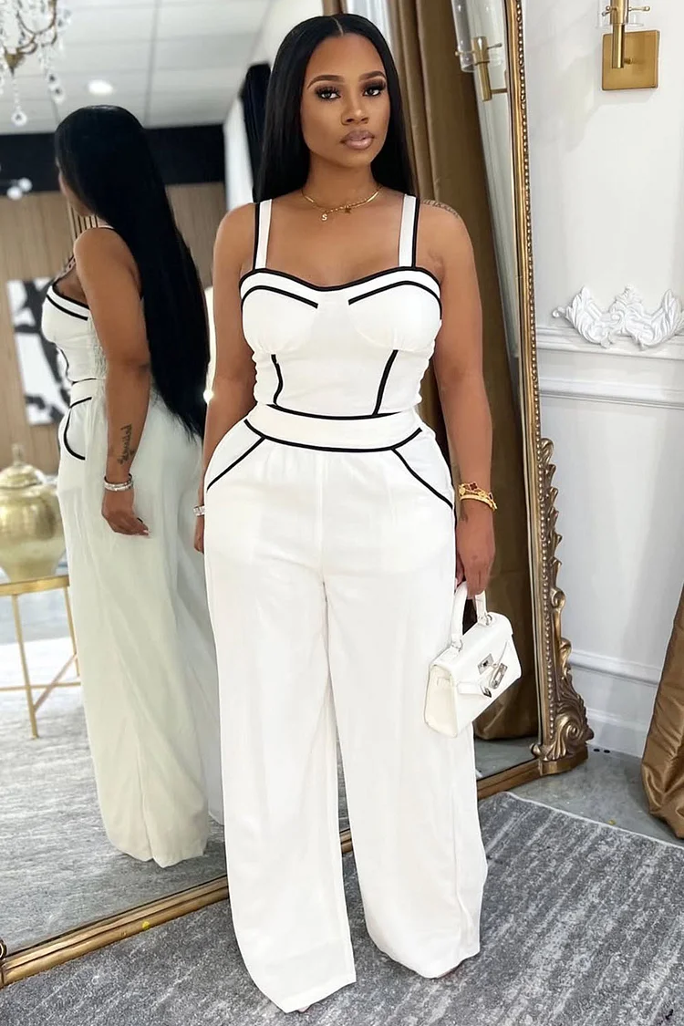 Colorblock Trim Cinched Waist Cami Wide Leg Jumpsuit-White [Pre Order]