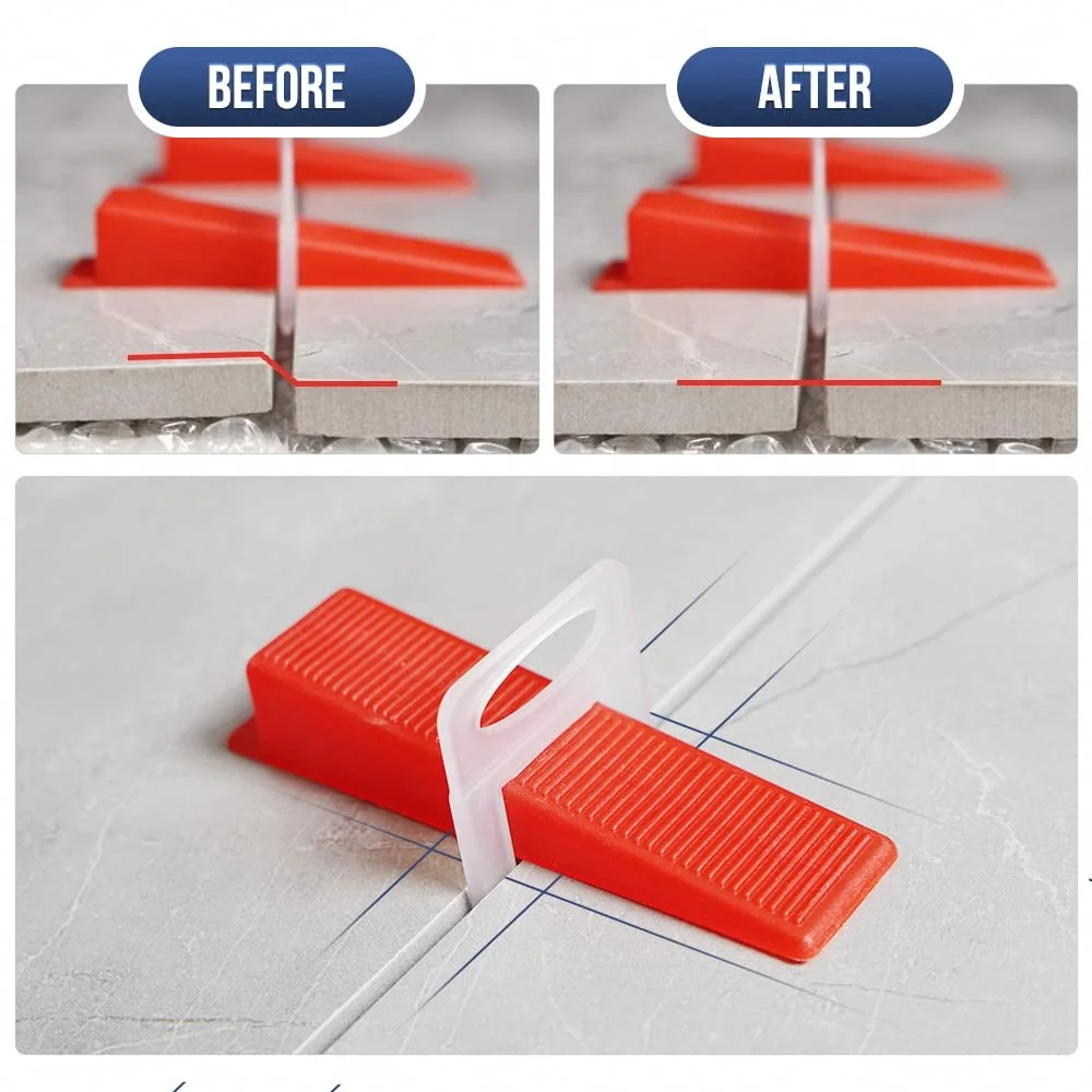 مجموعة نظام تسوية البلاط مع زرادية واحدة للبلاط، و200 قطعة من مشابك فواصل البلاط مقاس 2 مم و100 قطعة من إسفين مستوى البلاط القابل لإعادة الاستخدام