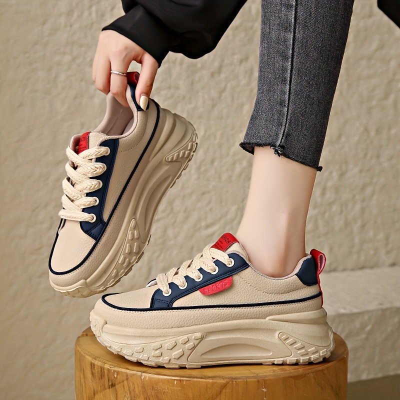 Lightweight and Versatile Women's Platform Sneakers: All-Season Faux Leather Low Top Trainers with Lace-Up Closure, Round Toe Comfort and All-Match Style, Ideal for Skating or Casual Wear