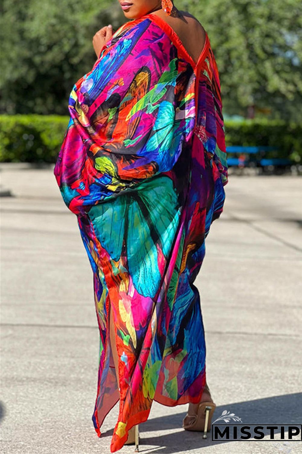 Red Gray Casual Print Patchwork V Neck Irregular Dress Plus Size Dresses