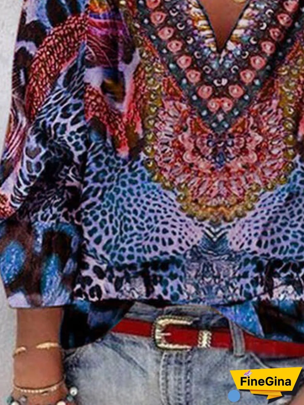 Vintage 3/4 Sleeve V Neck Geometric ;Leopard Floral Printed Plus Size Casual Tops