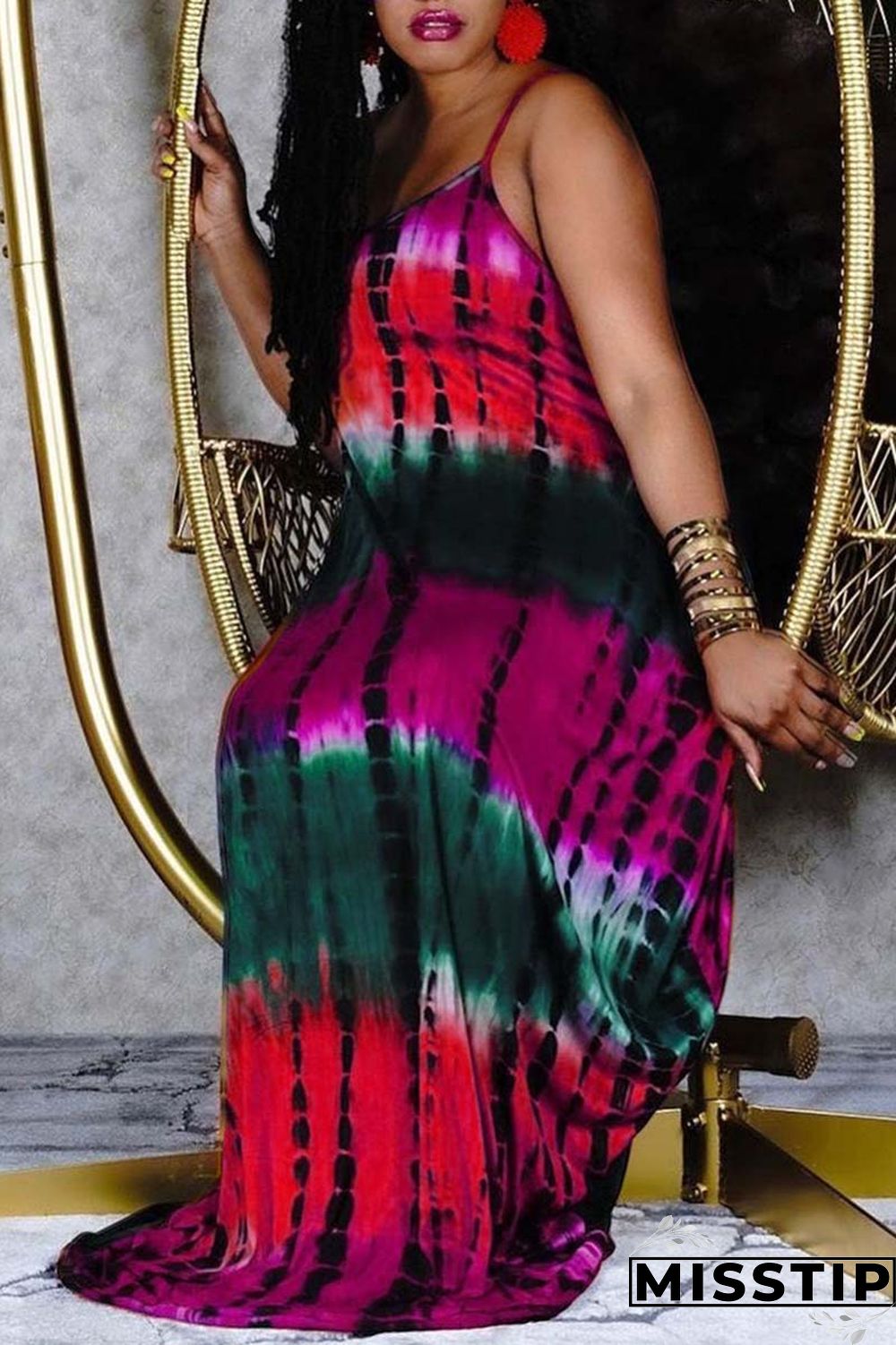Khaki Fashion Casual Plus Size Print Basic Spaghetti Strap Sleeveless Dress