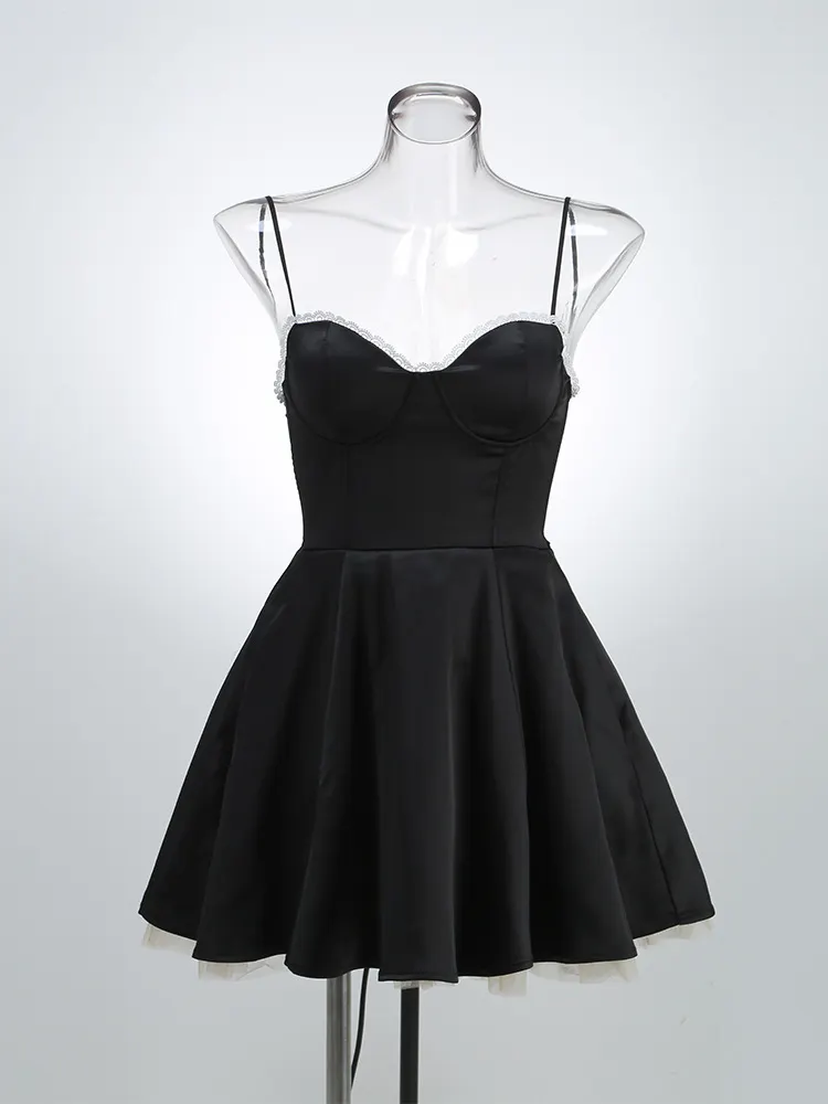 Brownm Women's Summer New Sexy Sling Wrapped Breast Fluffy Dress High-End Temperament Mesh Lined Dress