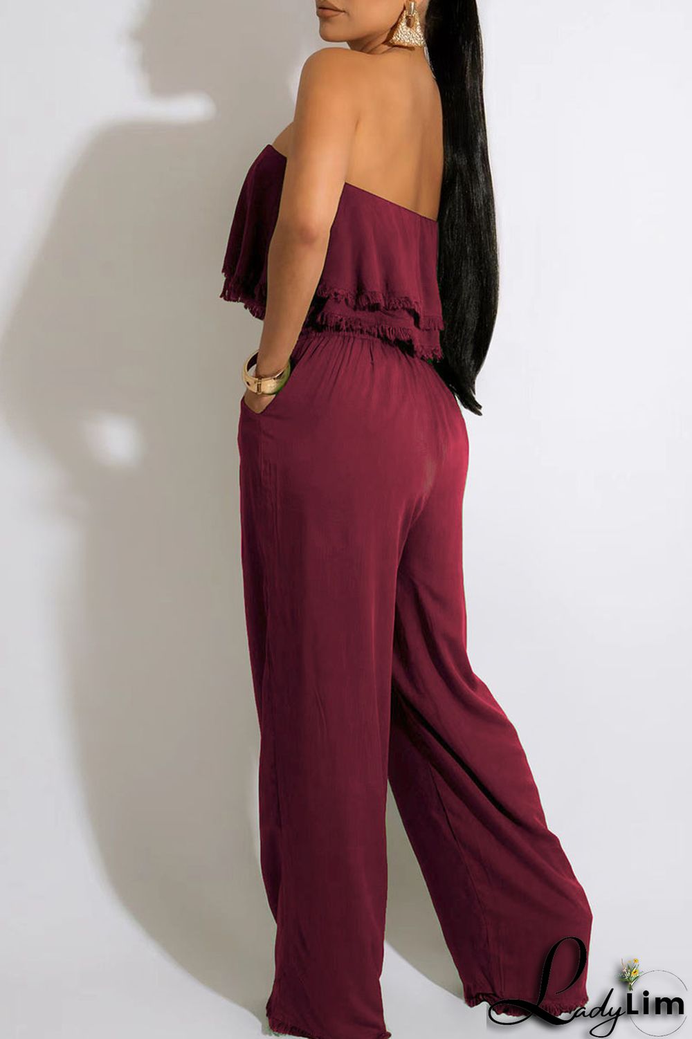 White Casual Solid Patchwork Strapless Straight Jumpsuits