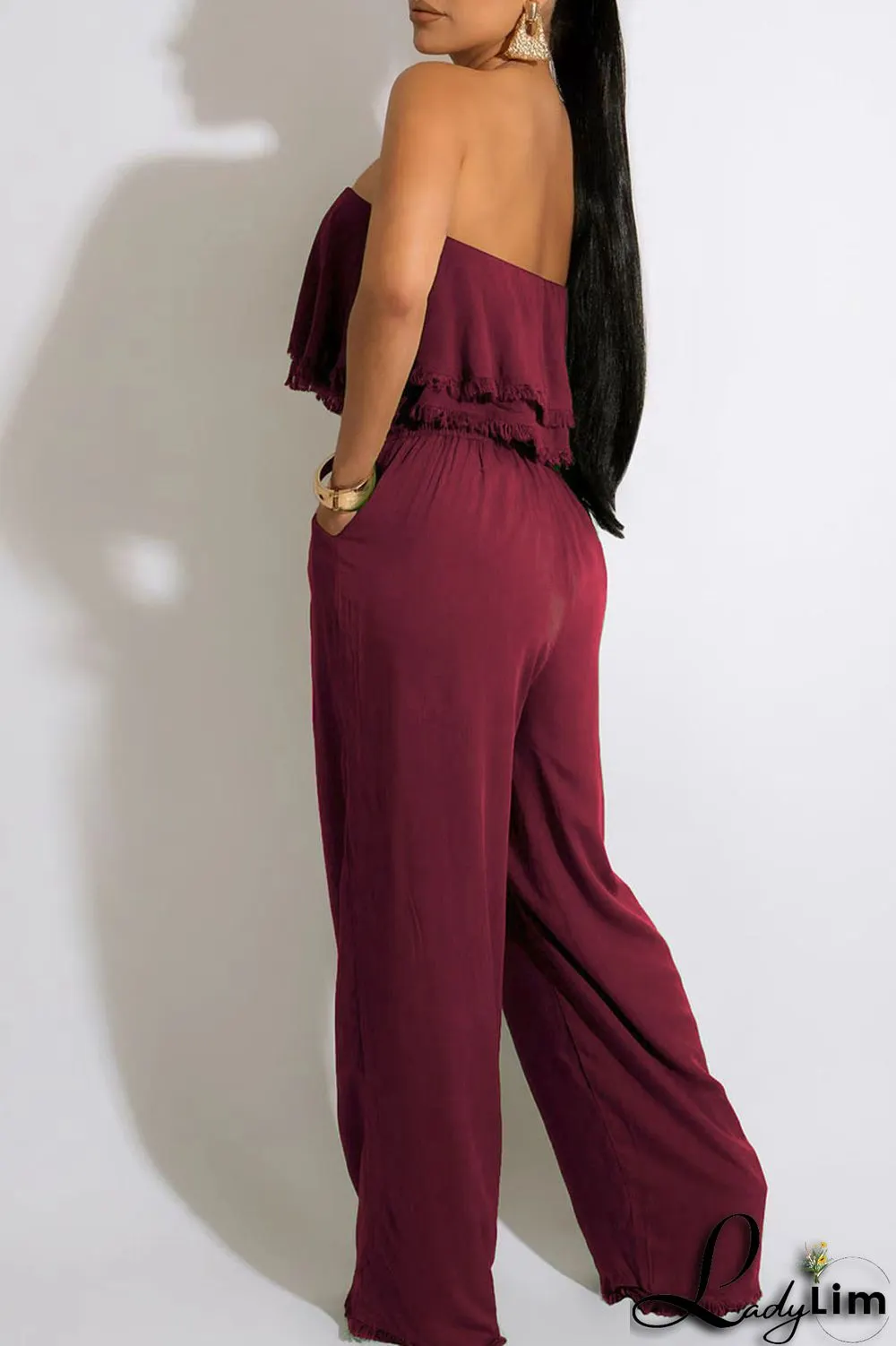 White Casual Solid Patchwork Strapless Straight Jumpsuits