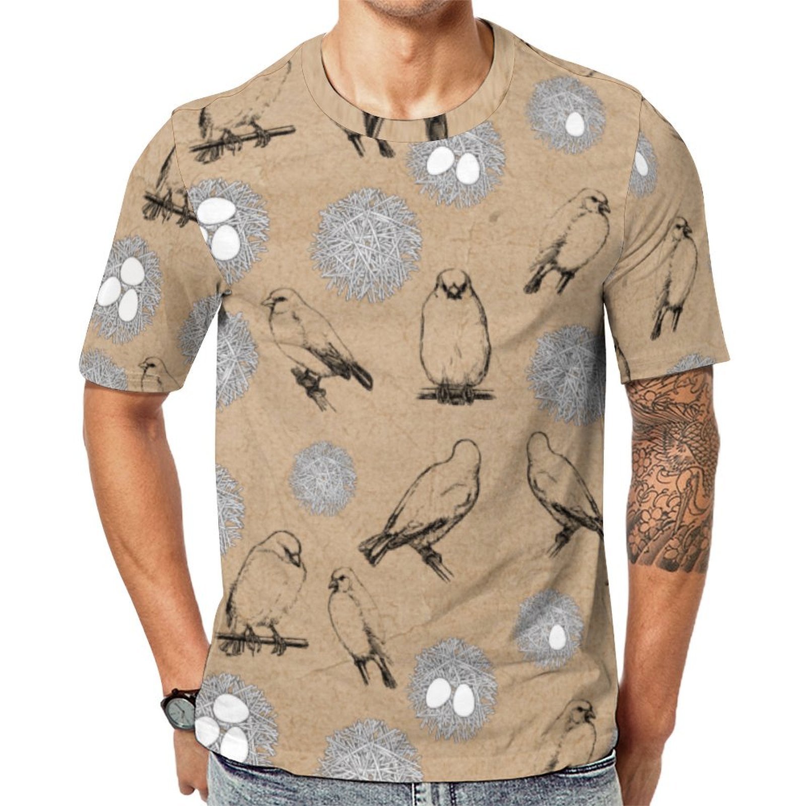Vintage Birds Nest Rustic Kraft Brown Short Sleeve Print Unisex Tshirt Summer Casual Tees for Men and Women Coolcoshirts