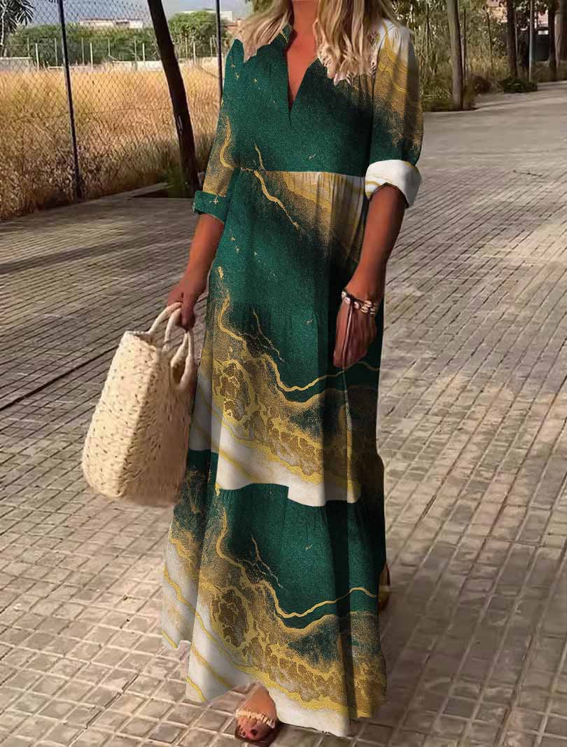 Women Textured, Green, Gold DZDN1056 SPU Printed Long Sleeve V-neck Maxi Dress