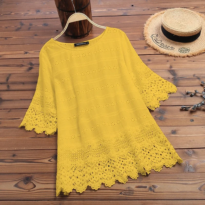 Women's Embroidery Blouse 2022 ZANZEA Elegant Lace Tops Summer Hollow Blusas Female Long Sleeve Shirts Solid Tunic Plus Size