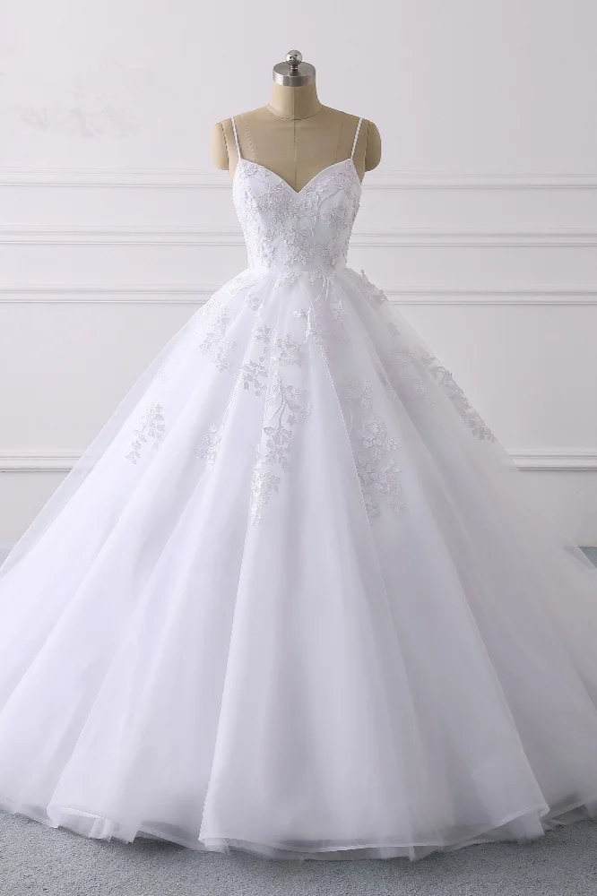 Spaghetti-Straps V-Neck Tulle Wedding Dress With Appliques Lace