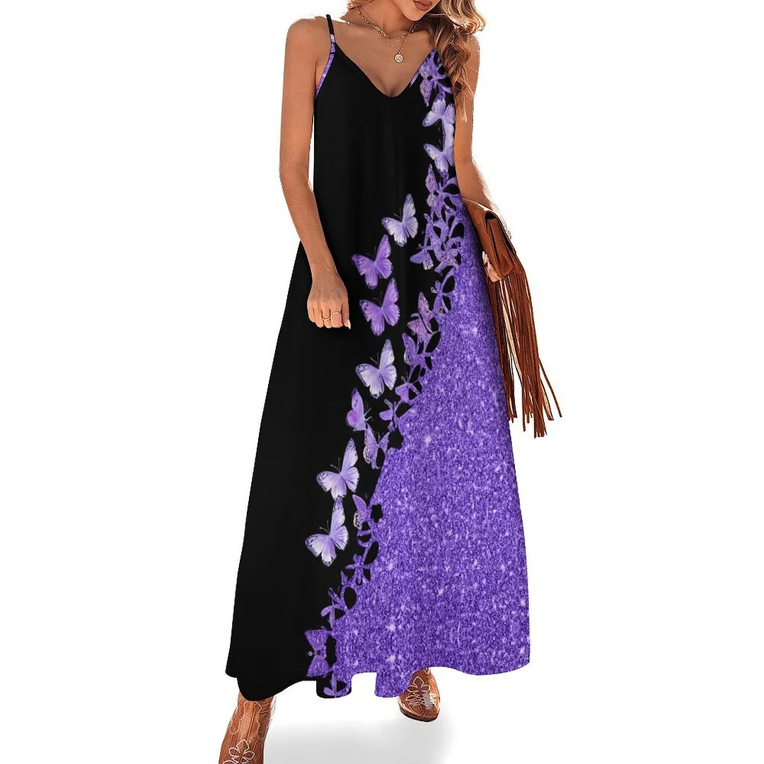 Style & Comfort for Mature Women Plus Size Printed Sling Casual Women Maxi Dress in Pattern Purple, Butterfly, Glitter
