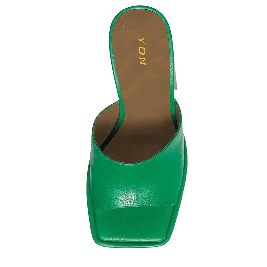 Vegan Leather Square Toe Wide Band Platform Block Heel Mules in Green